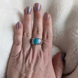 Turquoise Look Statement Ring Silver Tone Filigree Band Size 7 Boho Style
